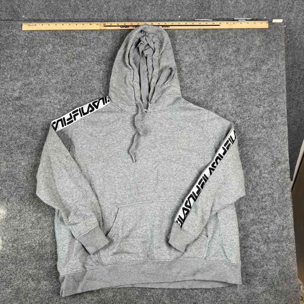 Fila Hoodie Mens Size 2X Grey Logo Tape Sleeve Pullover Sweatshirt Activewear